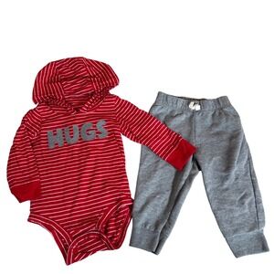 Carters Valentine Hug Baby Boys 9m Red White Stripe Hoodie Gray Pants Outfit Set